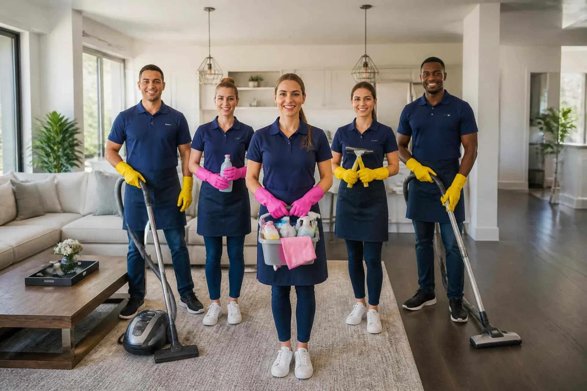 Professional cleaner in protective gear disinfecting glass surfaces in a commercial space
