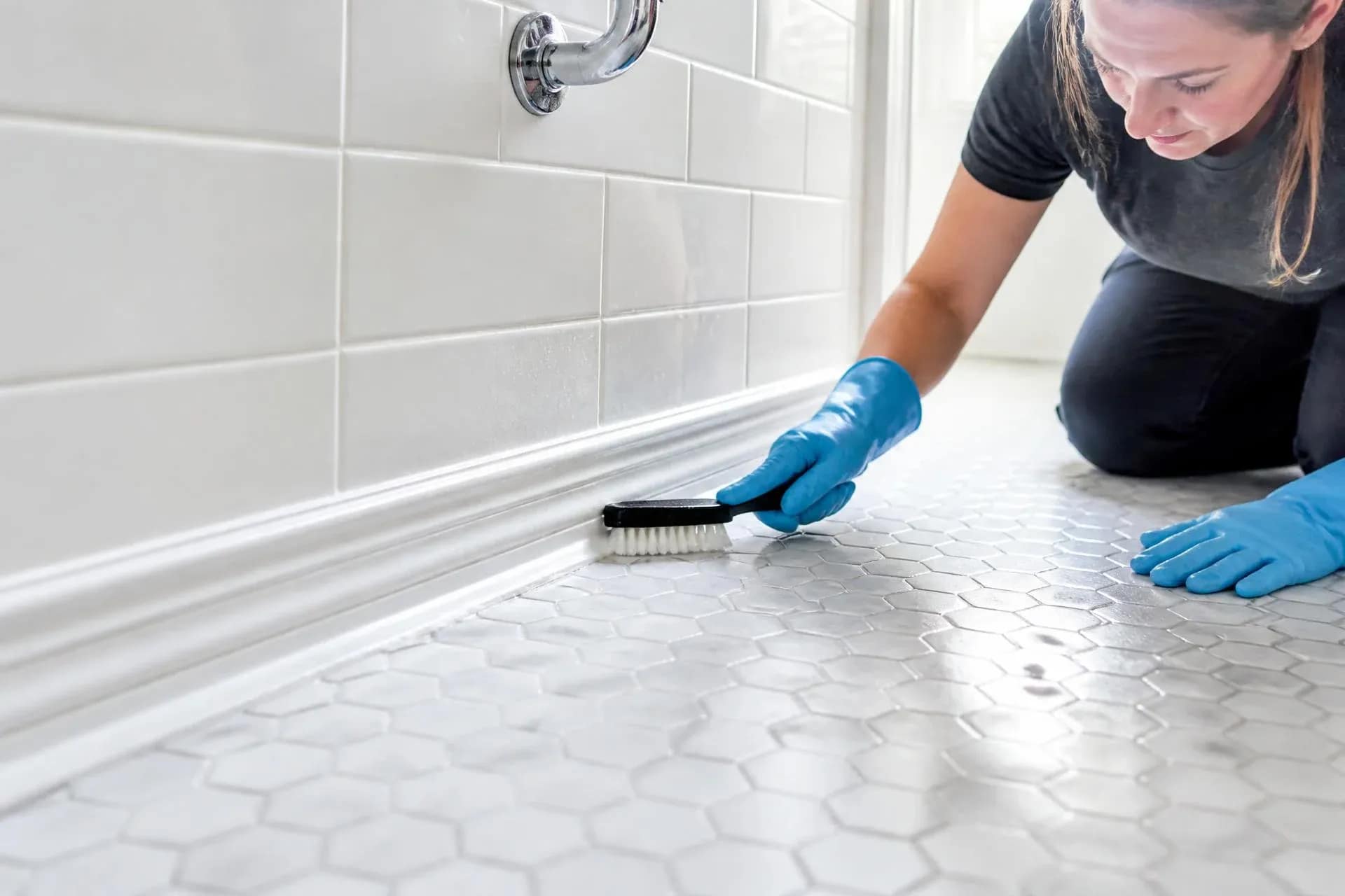 Cleaner in protective gloves scrubbing the inside of an oven door during a deep cleaning service