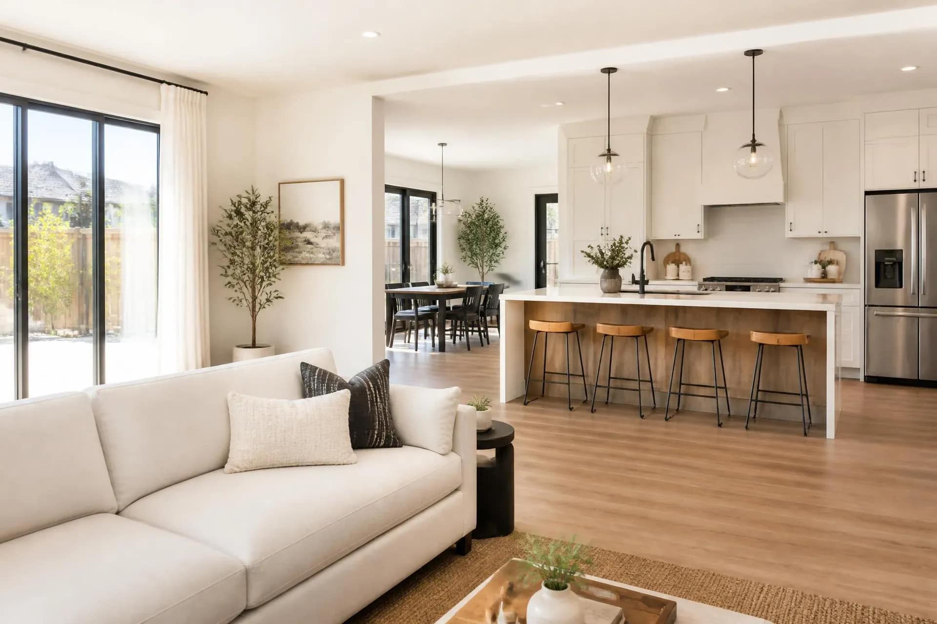 Professional cleaner vacuuming a sofa in a bright living room during a house cleaning in Philadelphia