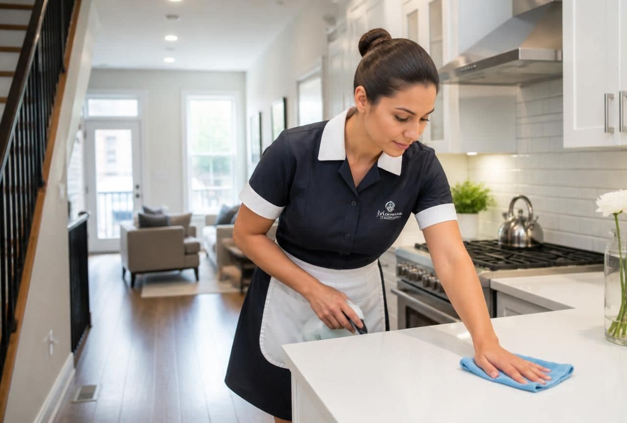 Uniformed maid wiping a kitchen counter during a maid service visit in a Philadelphia home
